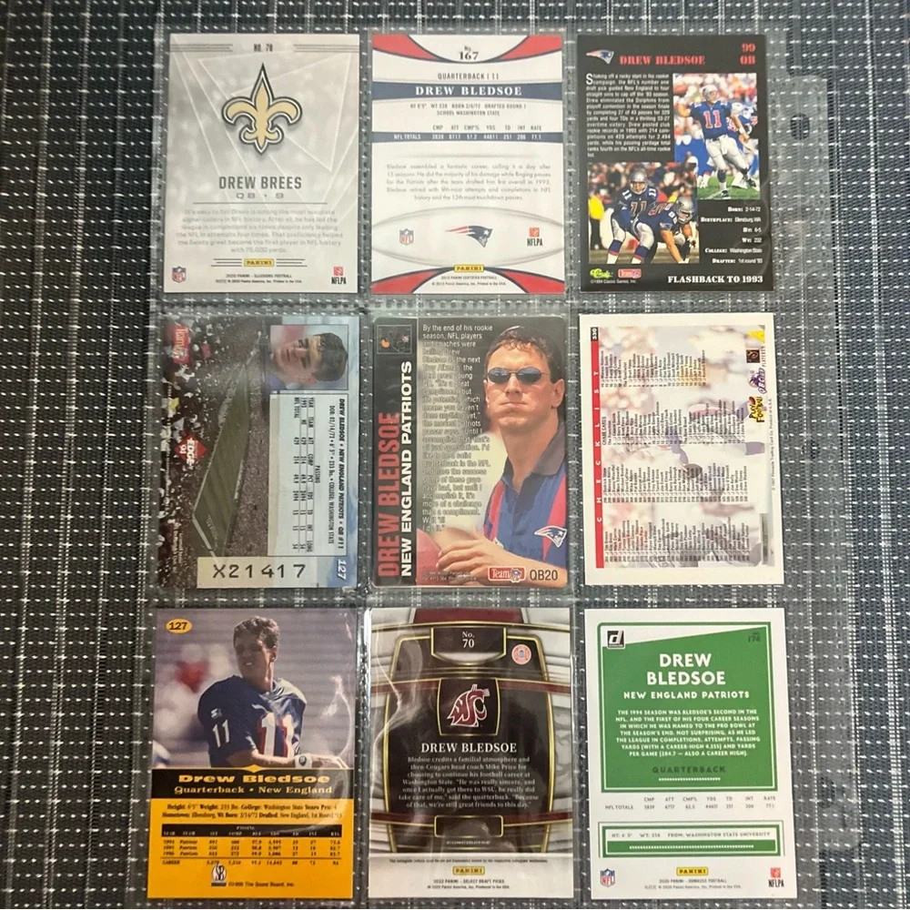 🏈 Drew Bledsoe Football NFL Football Trading Card Collection, Lot of 9, Lot #1